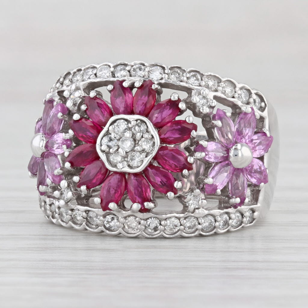 Light Gray 3.36ctw Ruby Sapphire Diamond Flower Cocktail Ring 14k White Gold Size 7.75