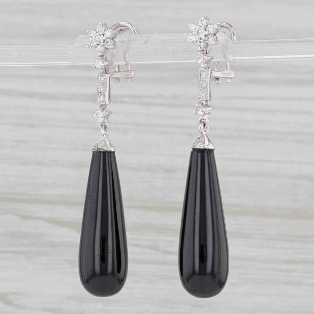 Light Gray Diamond Black Glass Drop Dangle Earrings 14k White Gold Pierced Omega Backs