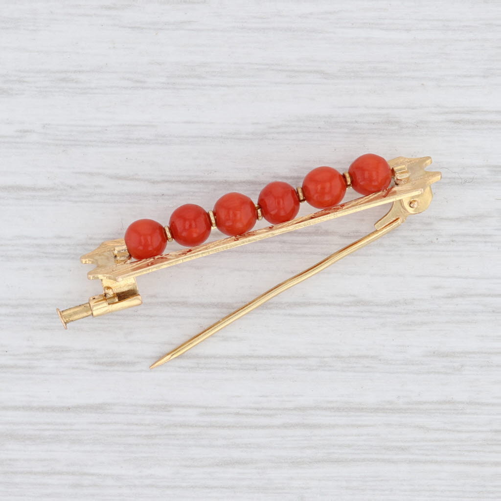 Light Gray Vintage Coral Bead Brooch 18k Yellow Gold Bar Pin