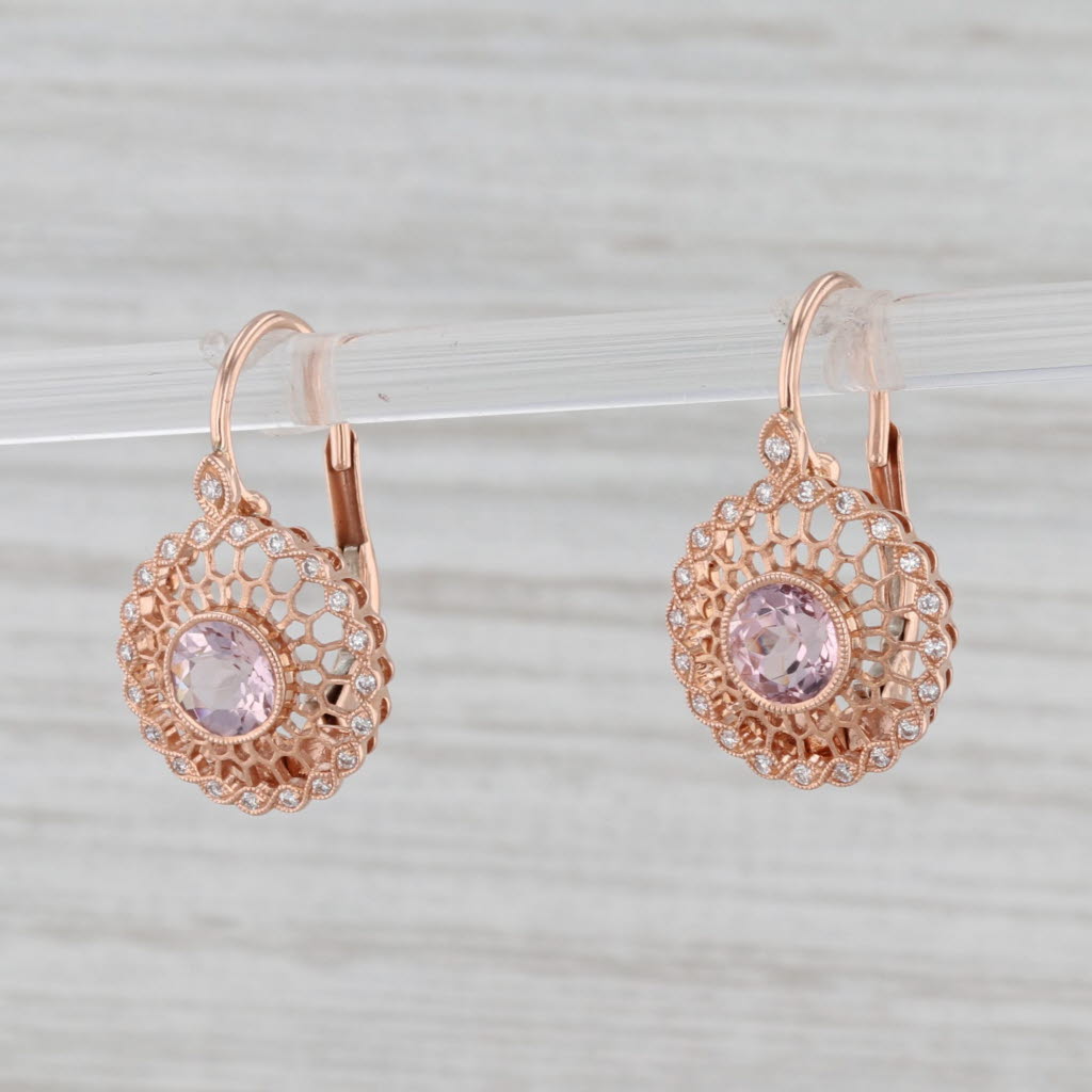 Gray New Beverley K 1.1ctw Morganite Diamond Halo Earrings 14k Rose Gold Filigree