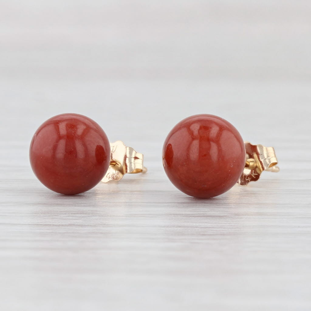 Light Gray Red Jadeite Jade Bead Stud Earrings 14k Yellow Gold