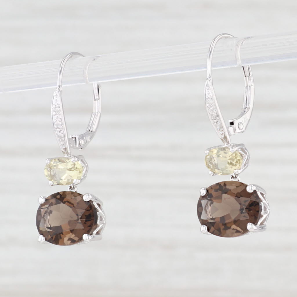 Light Gray 5.72ctw Smoky Quartz Citrine Diamond Drop Earrings 14k White Gold Lever Back