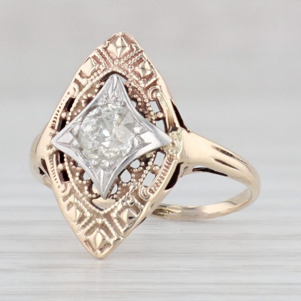 Light Gray Vintage 0.27ct Diamond Solitaire Ring 10k Yellow Gold Size 3.5 Ornate Filigree