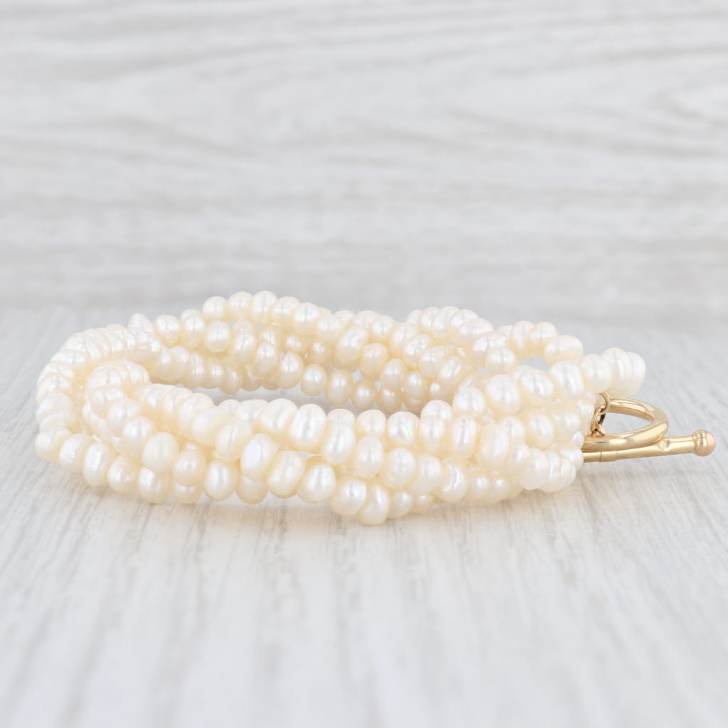 Light Gray Woven Multi-Strand Freshwater Cultured Pearl Bracelet 14k Yellow Gold 7"