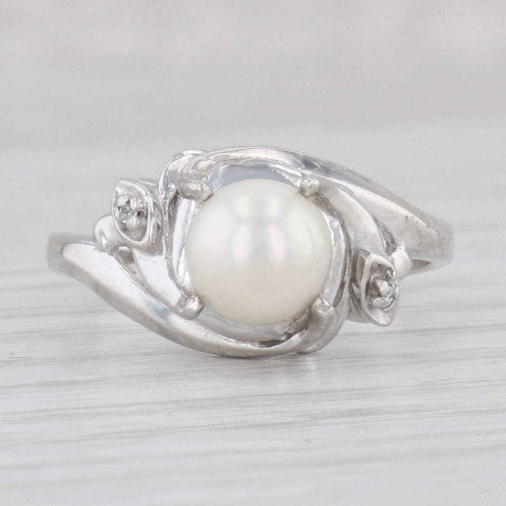 Light Gray Cultured Pearl Solitaire Ring 10k White Gold Size 7 Diamond Accents