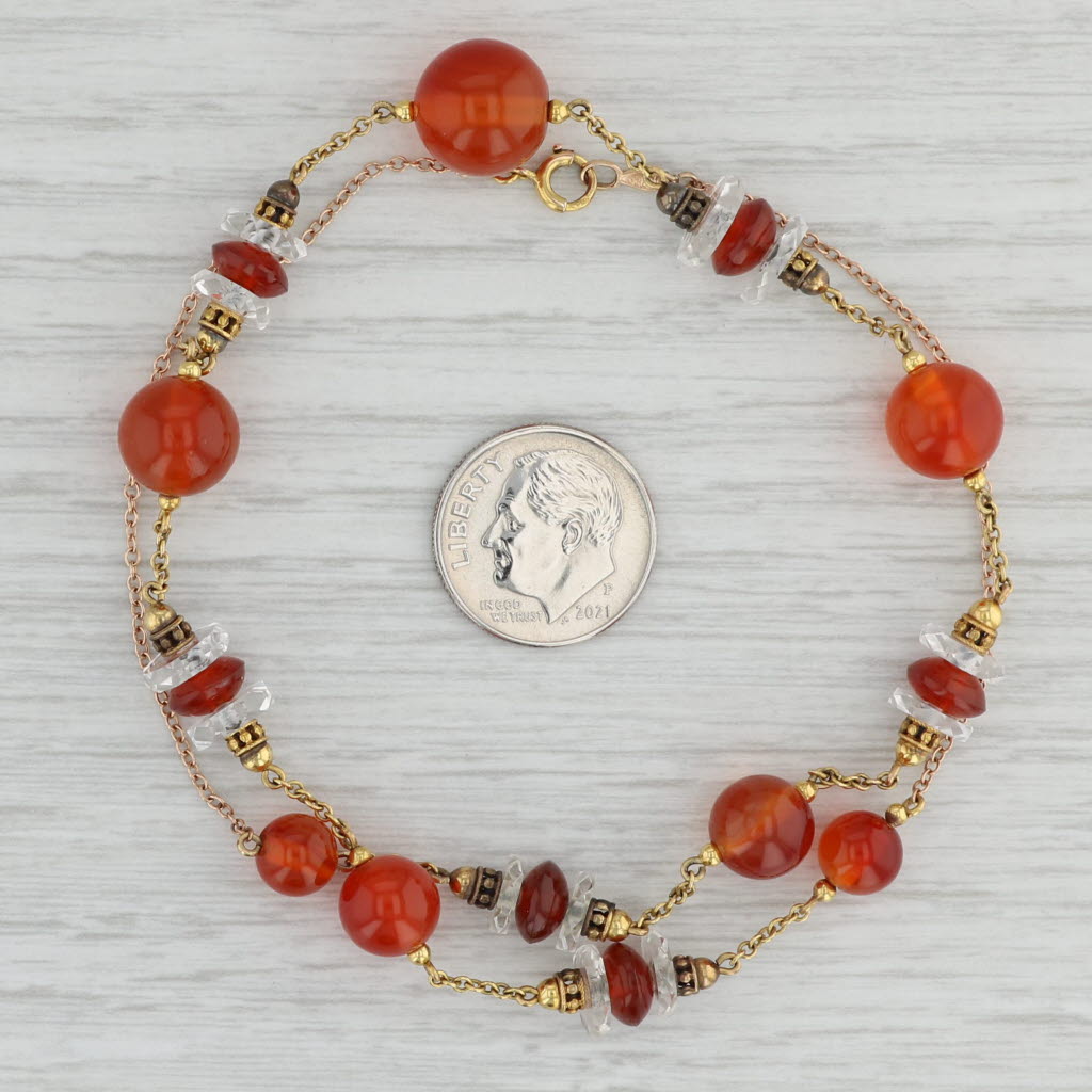 Orange Carnelian & Quartz Bead Necklace 10k Yellow Gold Cable Chain 17.5"