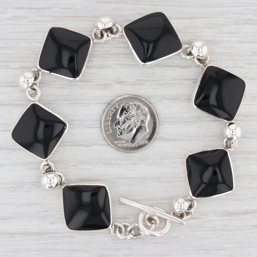 Light Gray New Black Resin Square Link Bracelet Sterling Silver Toggle Clasp 7.5" 18.1mm