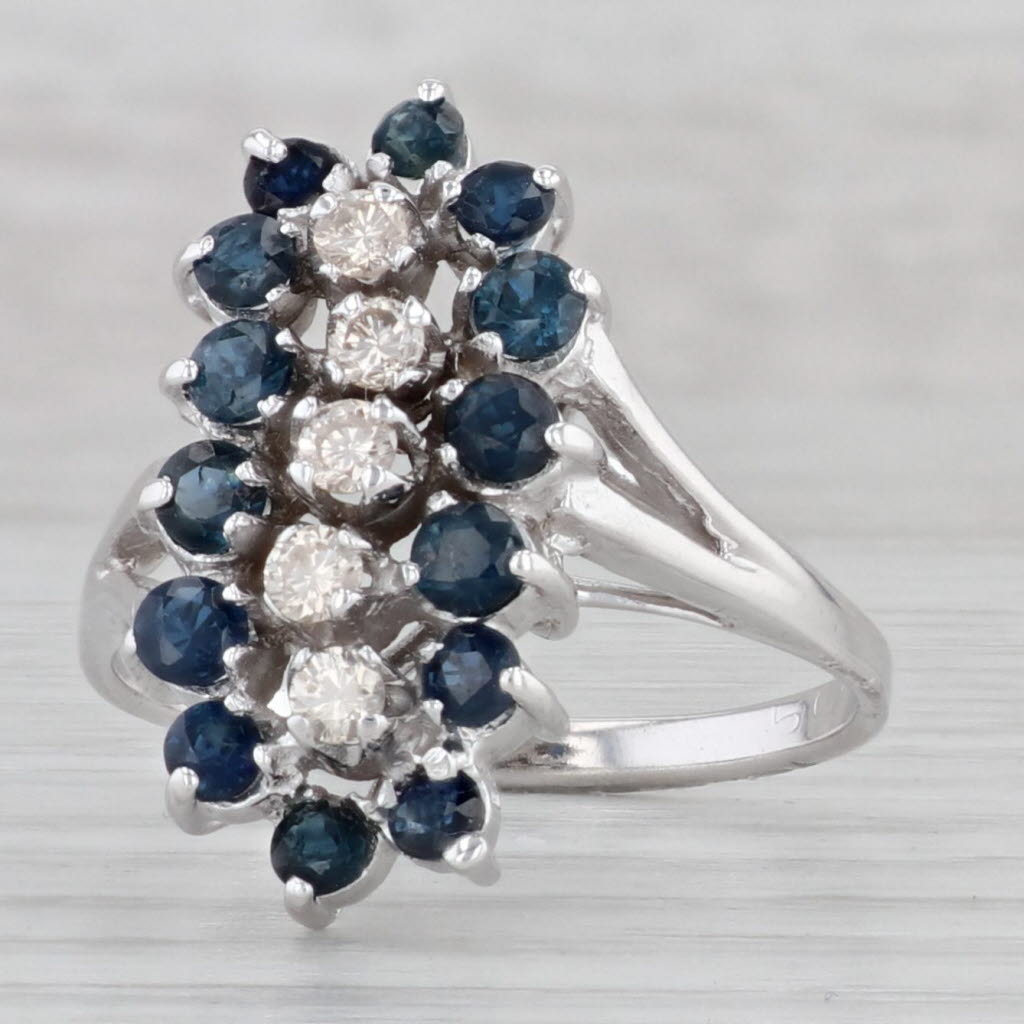 Gray 1.19ctw Blue Sapphire Diamond Cluster Ring 14k White Gold Bypass Size 7.5