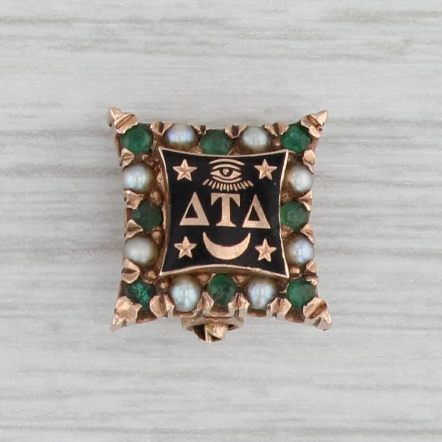 Gray Antique Delta Tau Delta Fraternity Pin 14k Gold Pearl Emerald 1918 Greek Badge