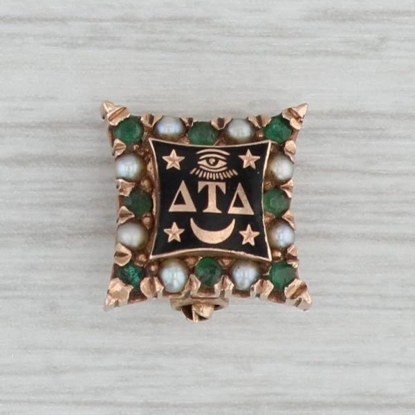 Gray Antique Delta Tau Delta Fraternity Pin 14k Gold Pearl Emerald 1918 Greek Badge