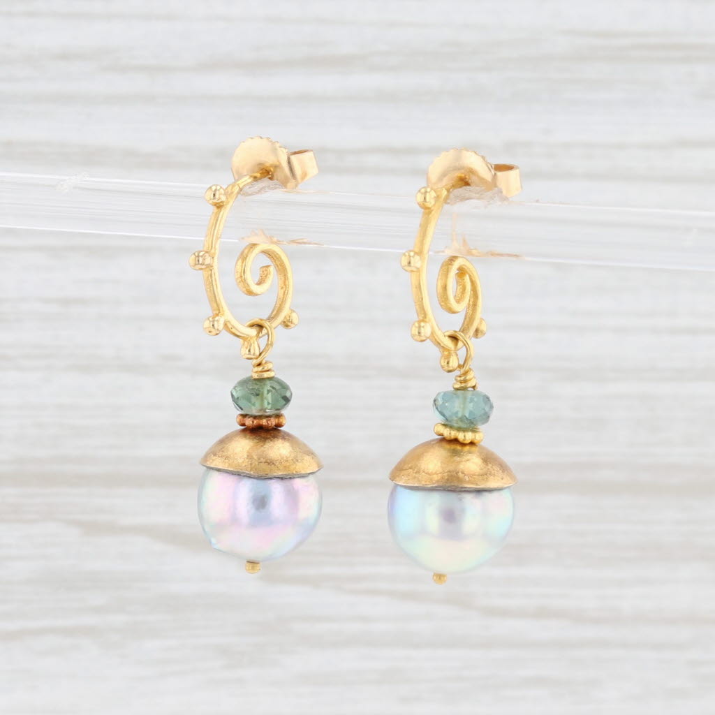 Light Gray Cultured Saltwater Pearl Tourmaline Swirl Drop Earrings 18k Yellow Gold