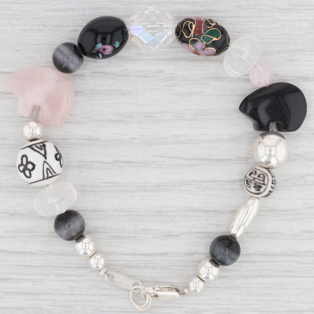 Light Gray New Bead Statement Bracelet Sterling Silver 8" Floral Ceramic Glass Rose Quartz