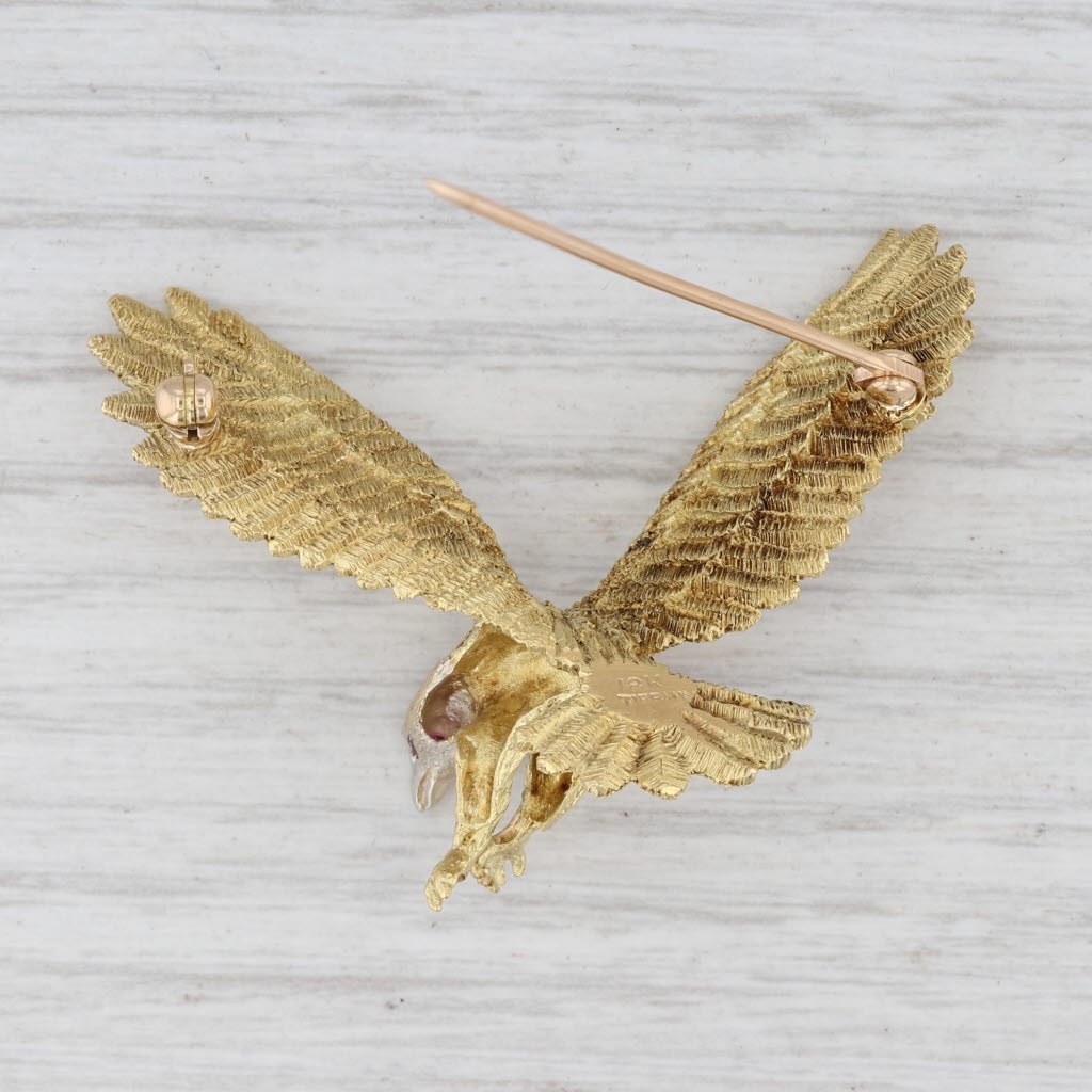 Light Gray Tiffany & Co Ruby Eyed Eagle Brooch 18k Yellow Gold Bird of Prey Pin Patriotic