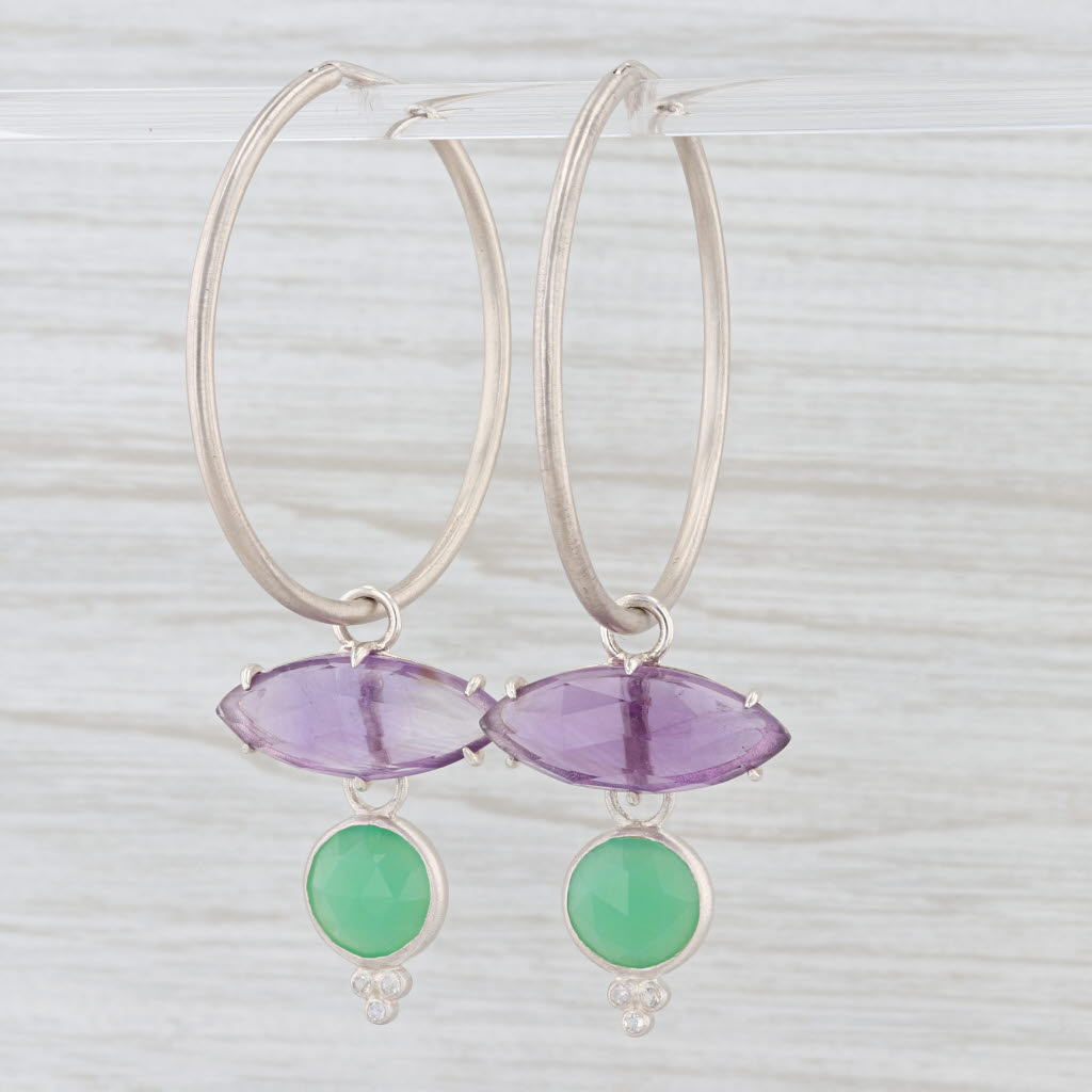 Light Gray New Nina Nguyen Hoop Earrings Sterling Amethyst Chrysoprase Moonstone Charms