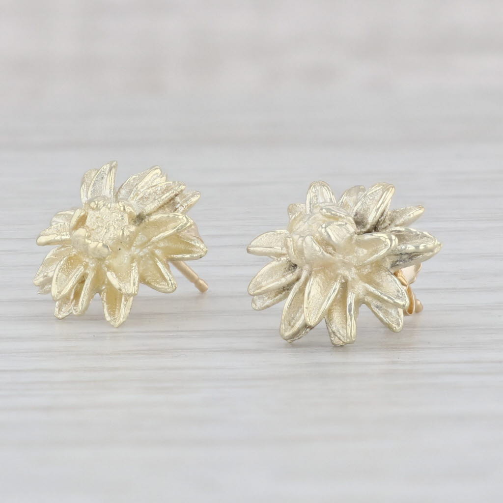 Light Gray Flower Stud Earrings 14k Yellow Gold Pierced Floral Studs