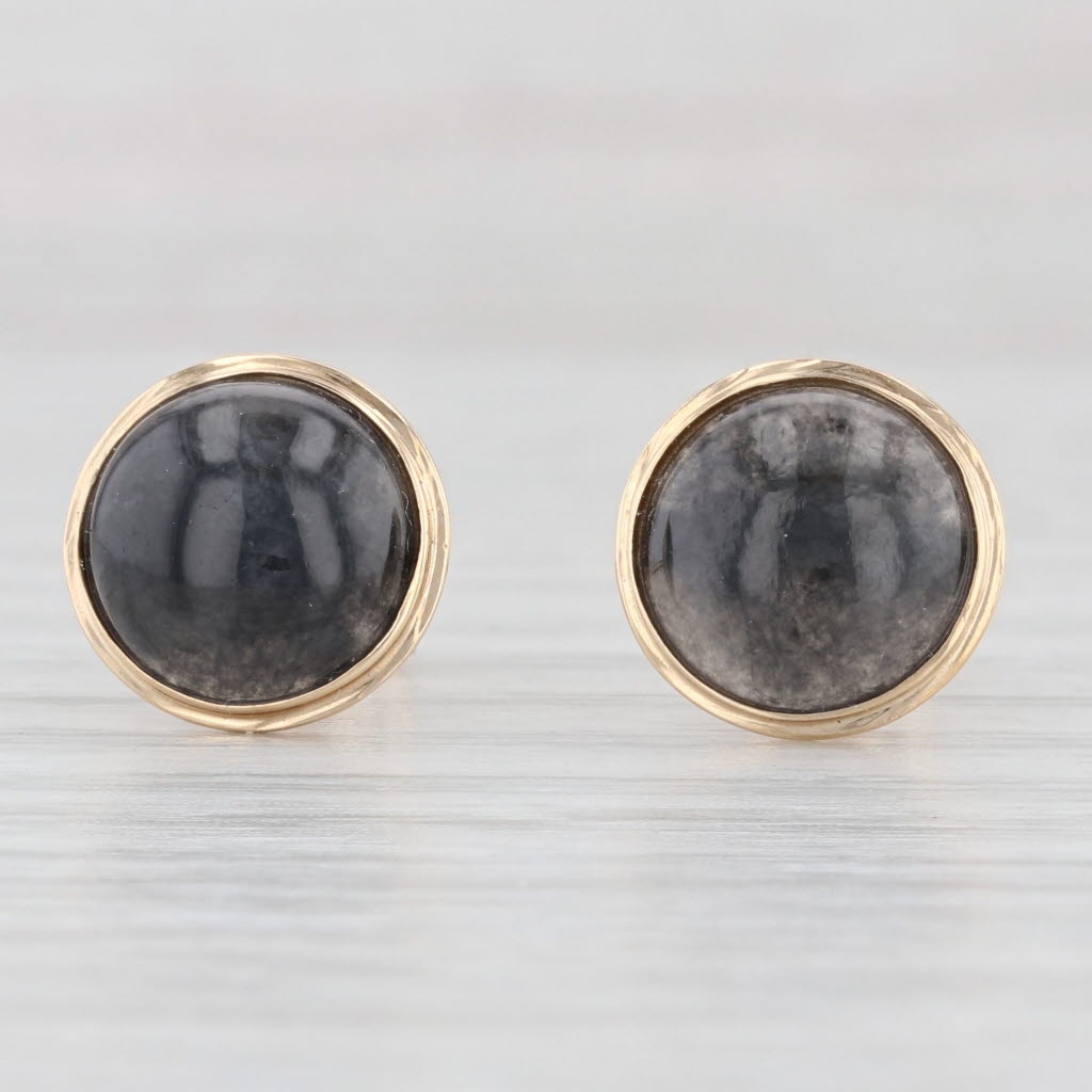 Light Gray Black Ornamental Stone Stud Earrings 14k Yellow Gold Pierced Round Studs