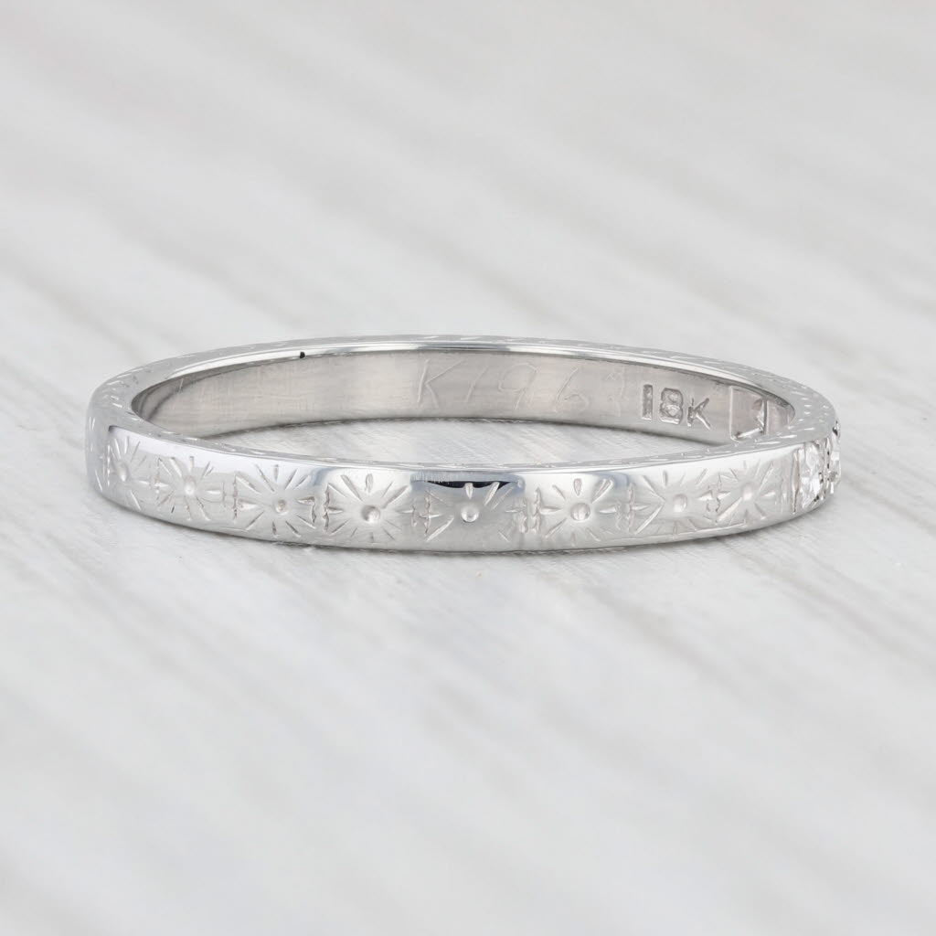 Light Gray Art Deco Diamond Wedding Band 18k White Gold Stackable Ring Vintage