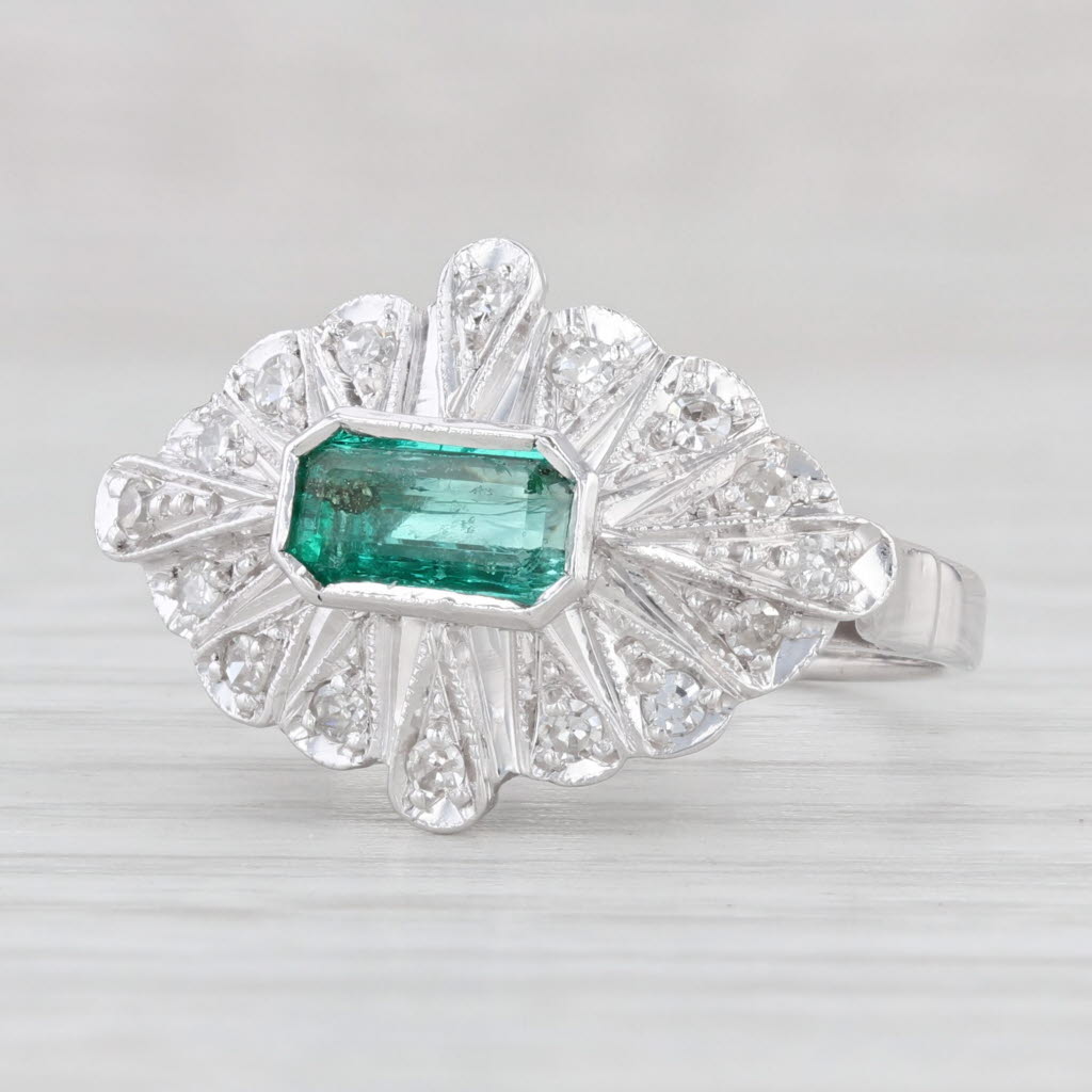 Vintage 0.73ctw Emerald Diamond Halo Ring 18k White Gold Size 5.25