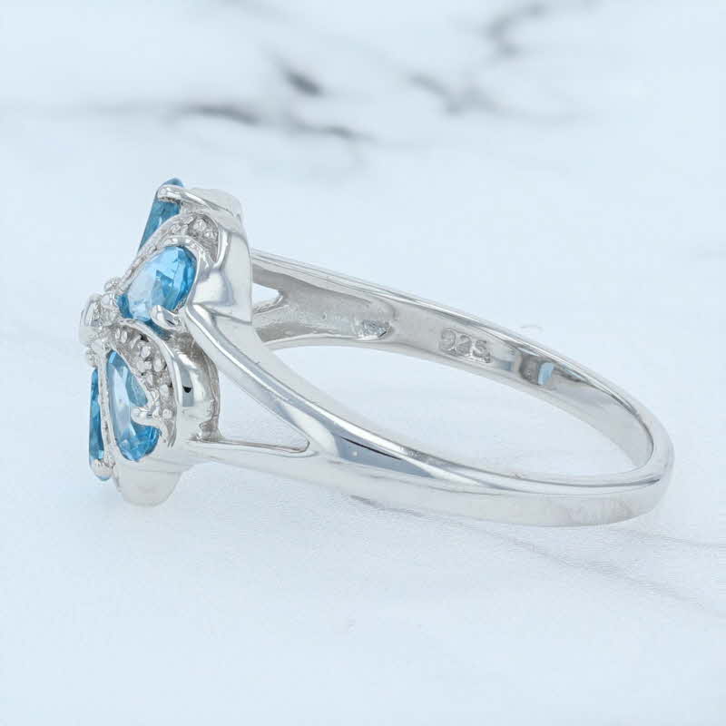 New 1.23ctw Blue Topaz Diamond Pinwheel Flower Ring Sterling Silver Size 7
