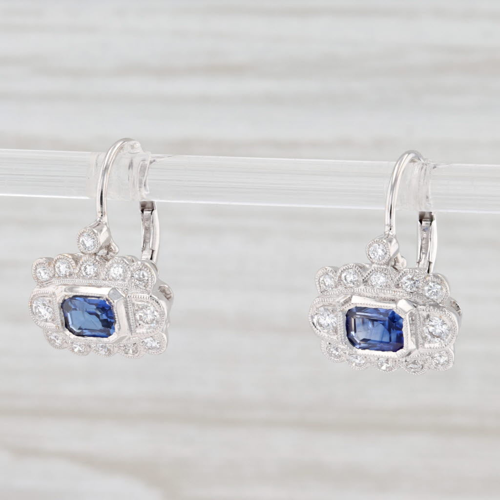 Light Gray New 1.4ctw Blue Sapphire Diamond Halo Earrings 18k White Gold Pierced Drops