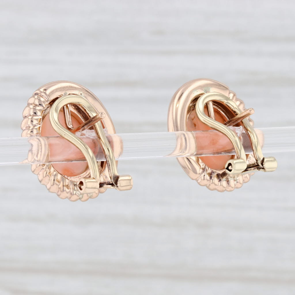 Light Gray Carved Coral Cabochon Stud Earrings 14k Rose Gold Pierced Omega Backs