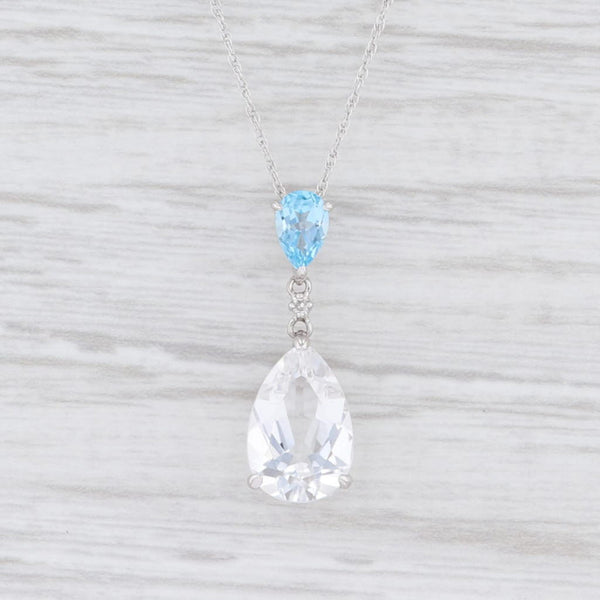 Light Gray New Quartz Crystal Blue Topaz Teardrop Pendant Necklace 14k White Gold 18"
