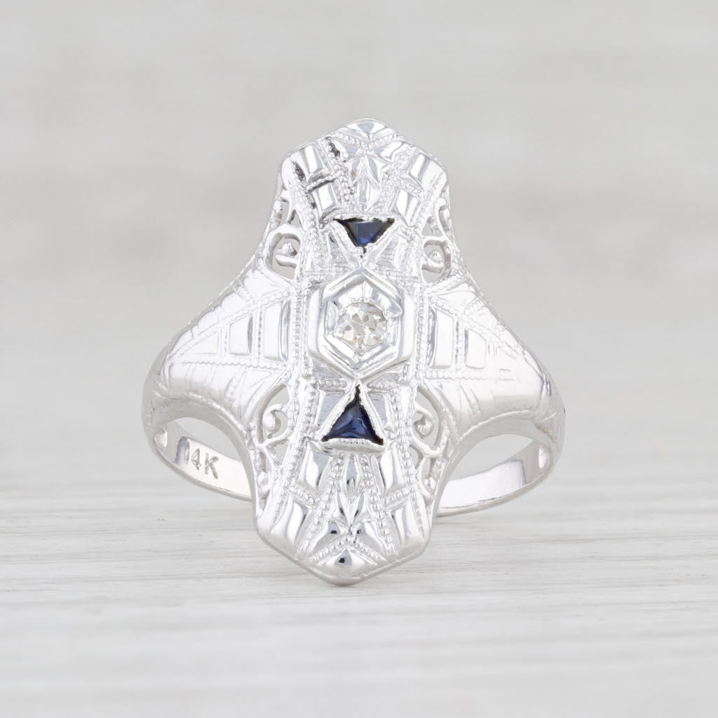 Light Gray Art Deco Synthetic Blue Sapphire Diamond Ring 14k White Gold Size 6