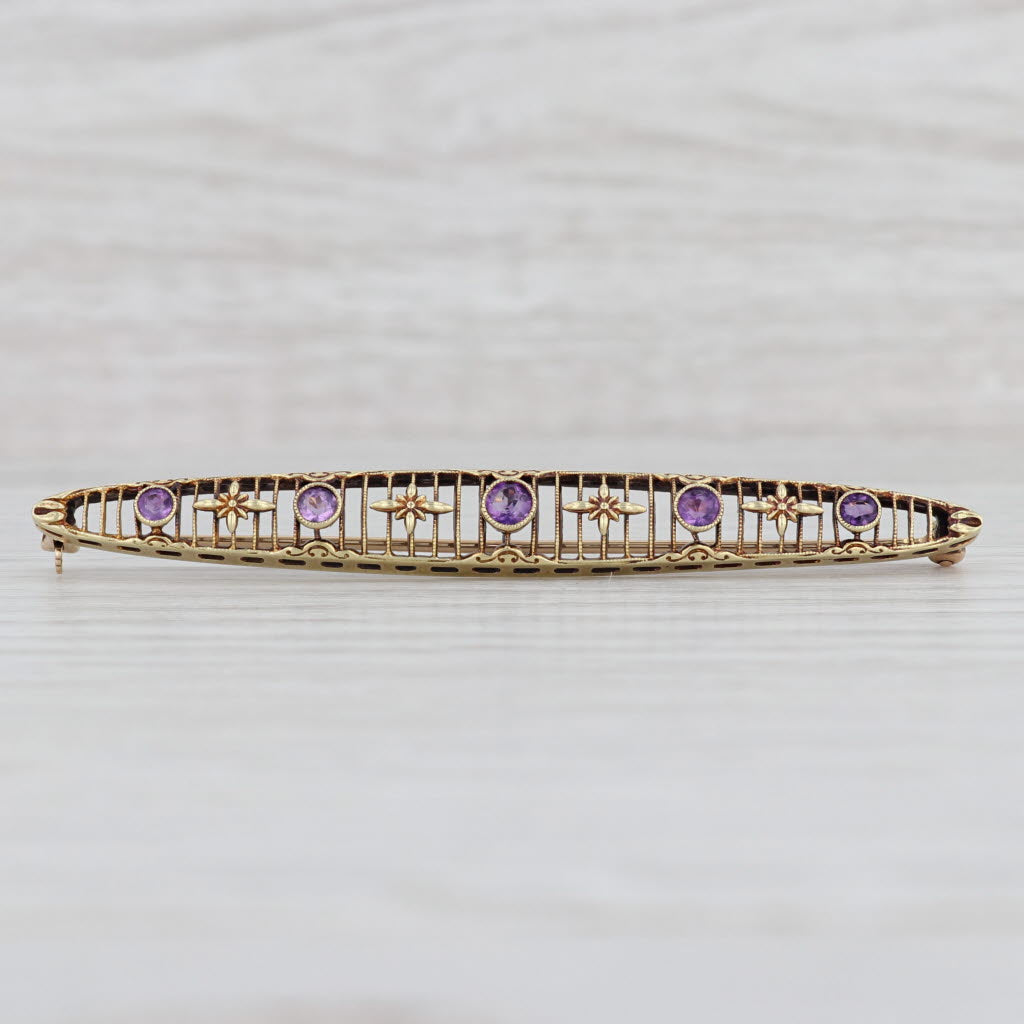 Light Gray Art Deco 0.50ctw Amethyst Filigree Bar Brooch 14k Yellow Gold Pin