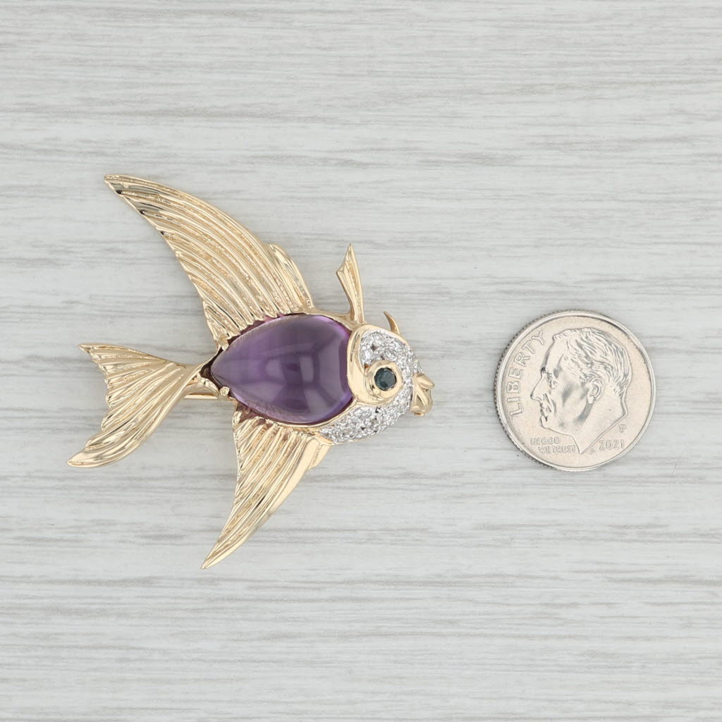 Light Gray 6.80ctw Amethyst Diamond Sapphire Angel Fish Brooch 14k Gold Statement Pin