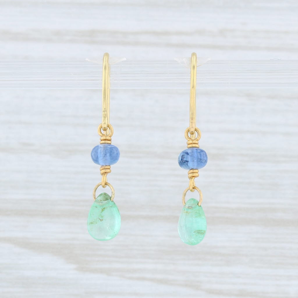 Light Gray Artisan Emerald Tanzanite Bead Earrings 14k Yellow Gold Dangle Hook Posts