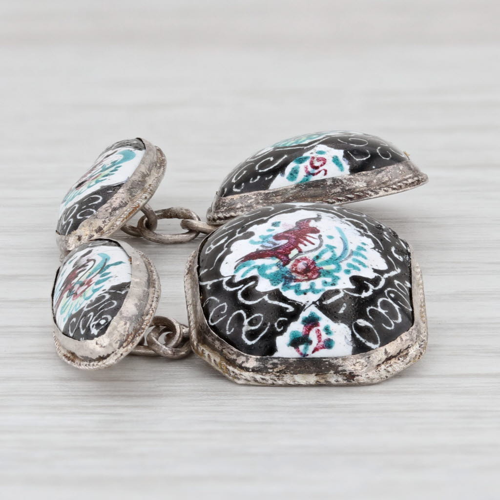 Light Gray Vintage Ornate Enamel Cufflinks Sterling Silver Floral Suit Accessories