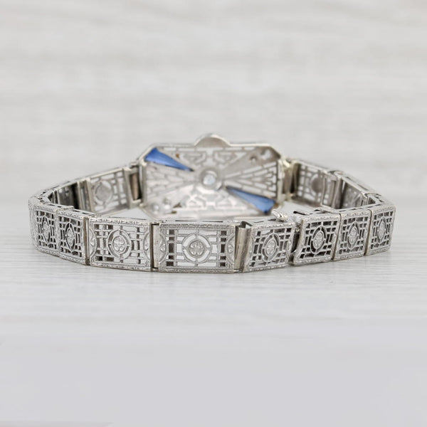 Light Gray Art Deco Synthetic Sapphire Diamond Filigree Bracelet Platinum 14k Gold 6.5”