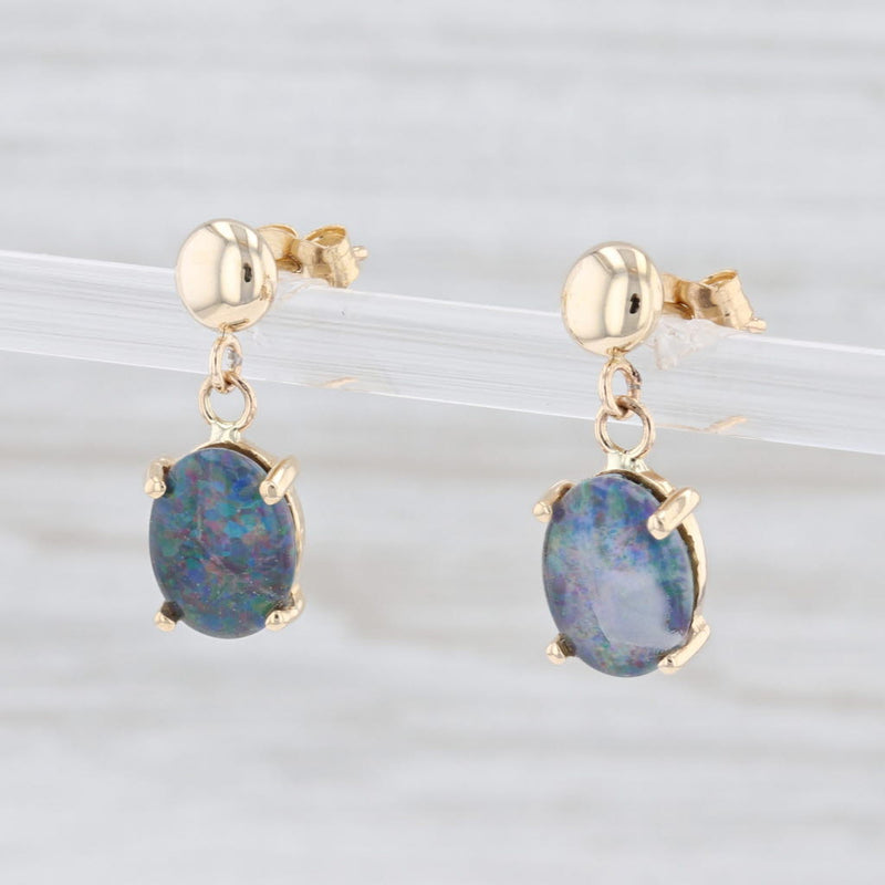 Light Gray Rainbow Flecked Blue Synthetic Opal Drop Earrings 14k Yellow Gold Oval Solitaire