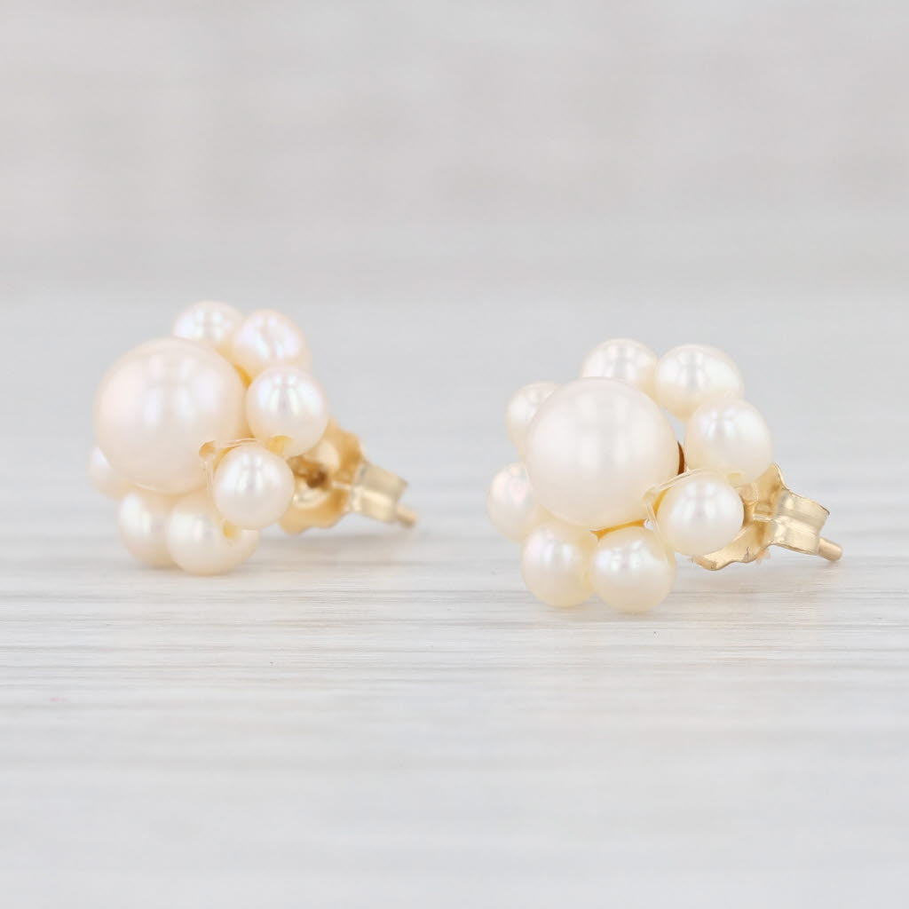 Light Gray Cultured Pearl Halo Stud Earrings 10k Yellow Gold Pierced Studs