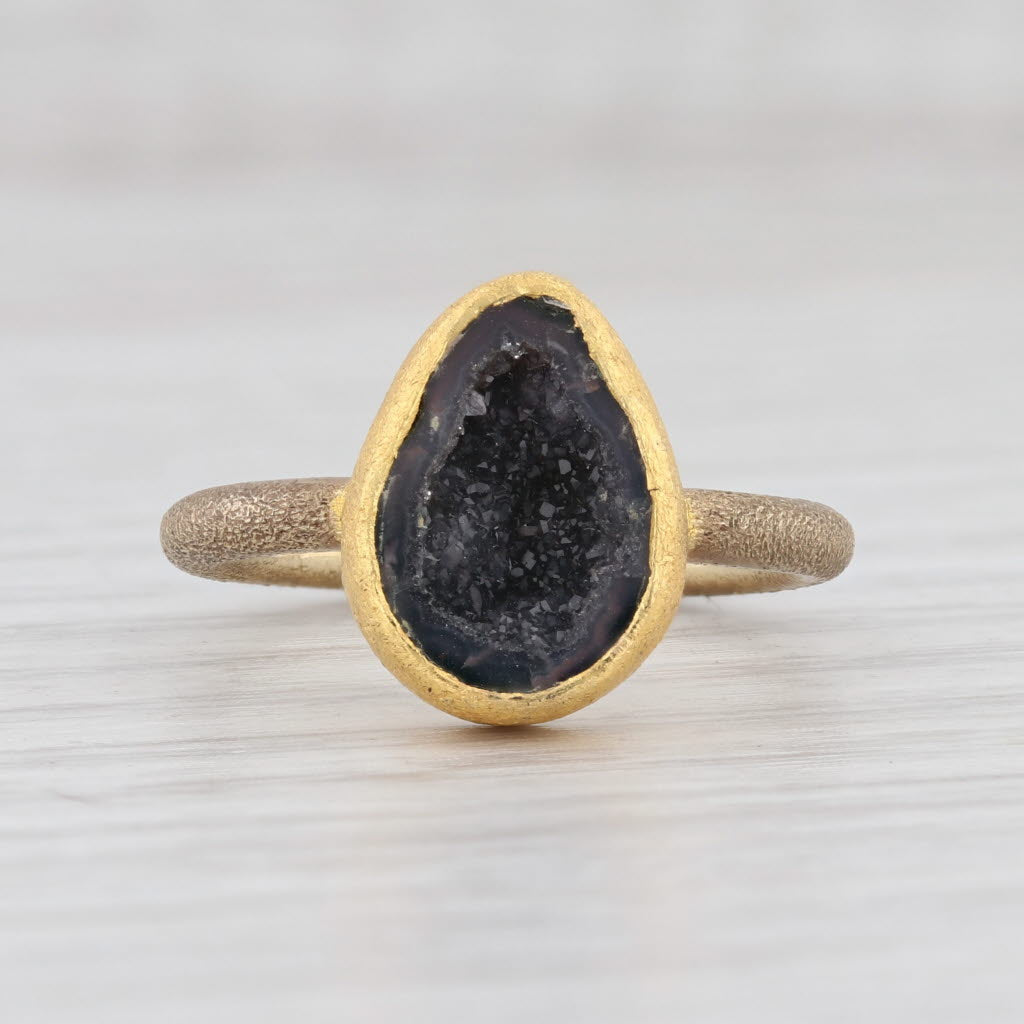 Light Gray New Nina Nguyen Black Druzy Geode Ring Sterling Silver 22k Gold Vermeil Size 7