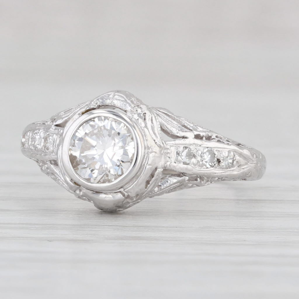 Light Gray Art Deco 0.62ctw Diamond Engagement Ring Platinum Size 5.25 Floral Filigree