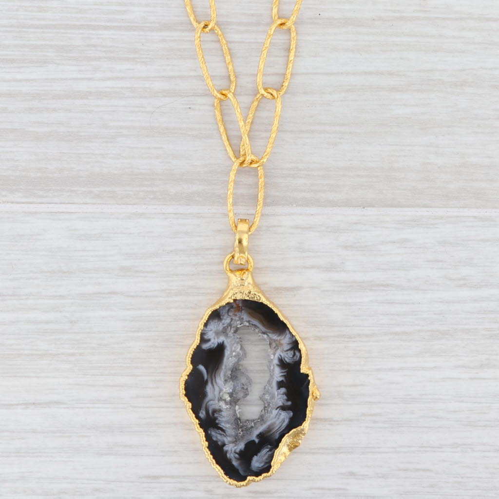 Light Gray New Nina Nguyen Geode Quartz Pendant 20" Necklace Sterling Gold Vermeil