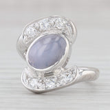 Light Gray Light Blue Star Sapphire Diamond Bypass Ring 14k White Gold Size 5