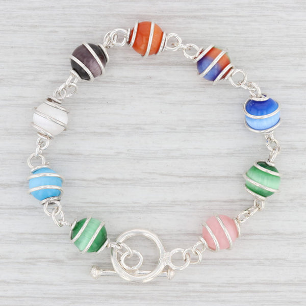 Light Gray New Caged Glass Bead Bracelet Sterling Silver 6.75" Multi-Color Beads