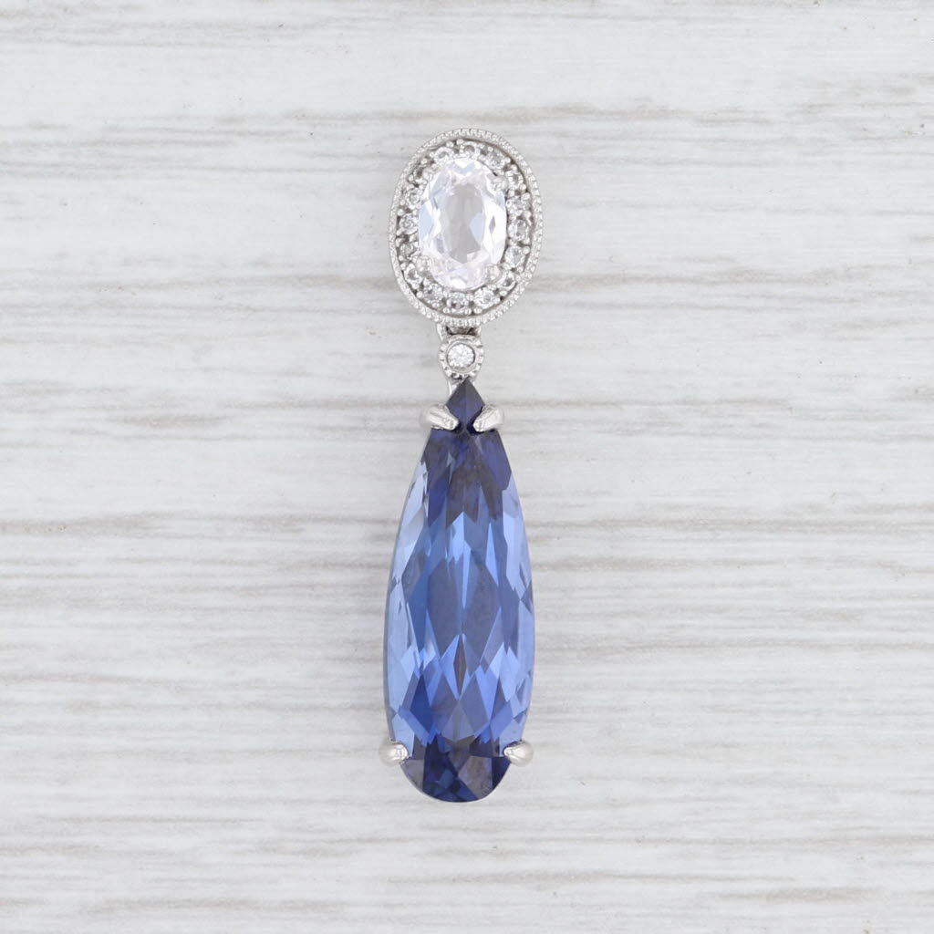 Light Gray New 7ctw Blue & White Synthetic Sapphire Drop Pendant 10k White Gold