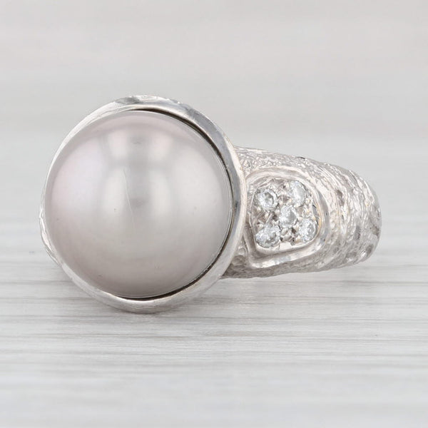 Light Gray Sequoia Cultured Gray Pearl Diamond Ring 18k White Gold Size 8.25