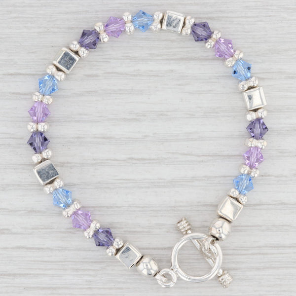 Light Gray New Blue Purple Glass Bali Bead Bracelet 7.75" Sterling Silver Toggle Clasp