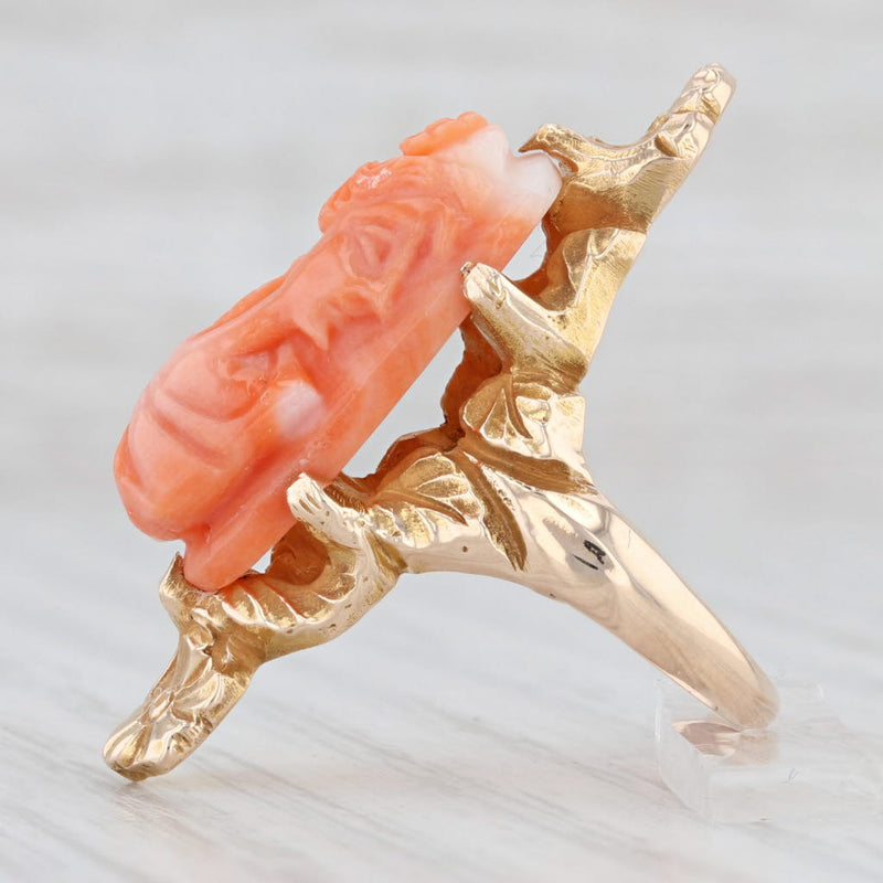 Light Gray Vintage Carved Coral Cameo Ring 10k Yellow Gold Floral Statement size 4