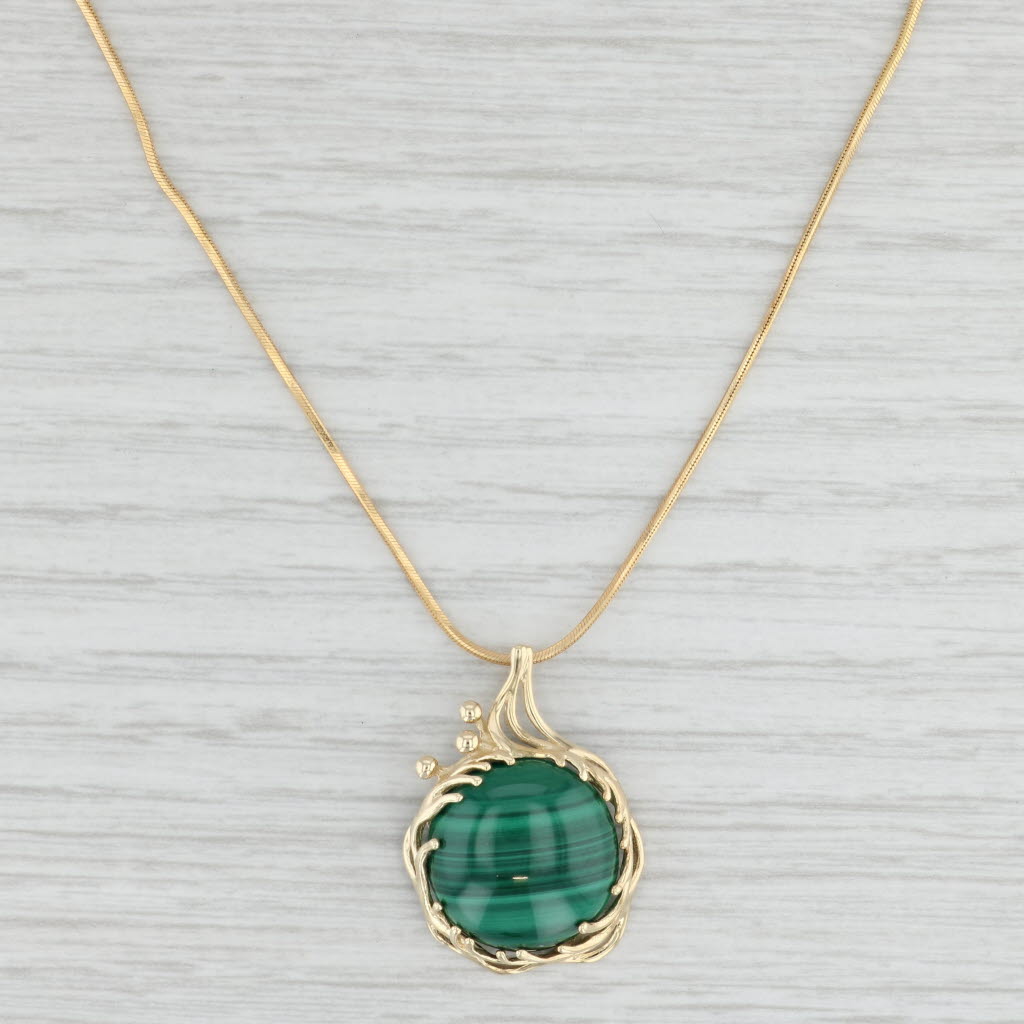 Light Gray Green Malachite Pendant Necklace 14k Yellow Gold 18" Snake Chain