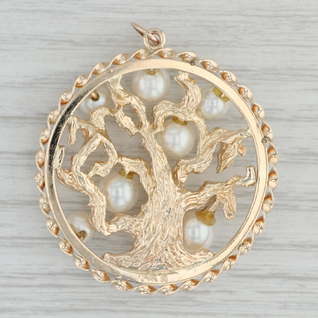 Gray Vintage Cultured Pearl Gothic Tree Medallion Pendant 14k Yellow Gold Statement