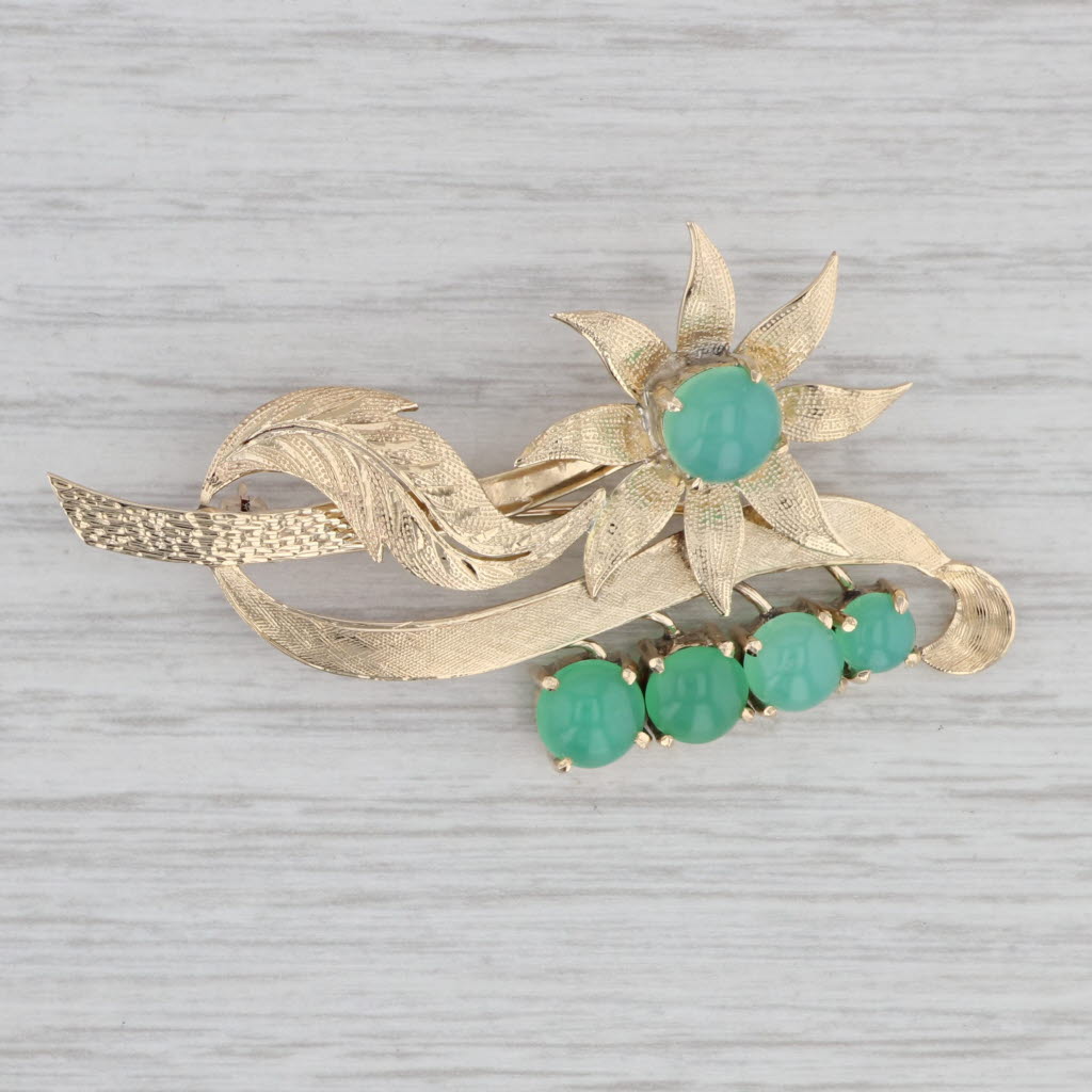 Gray Vintage Green Chrysoprase Flower Brooch 14k Yellow Gold Floral Statement Pin