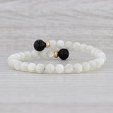 Gray Mother of Pearl Onyx Bead Adjustable Bangle Bracelet 14k Gold 6.25"+