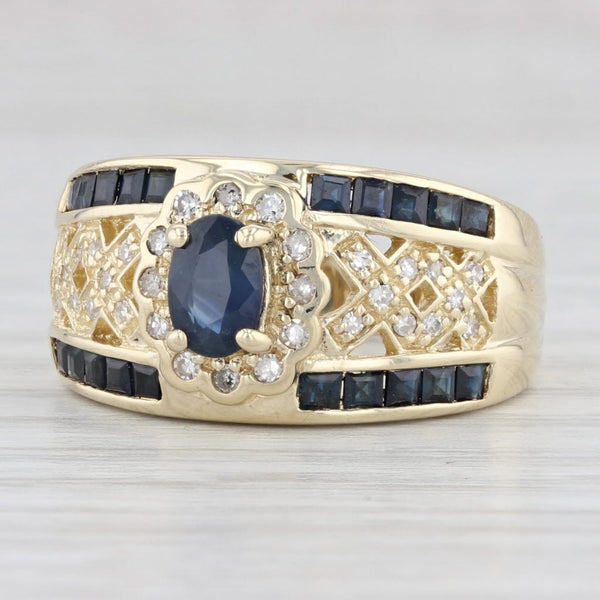 Light Gray 0.87ctw Oval Blue Sapphire Diamond Lattice Work Ring 14k Gold Size 6.5