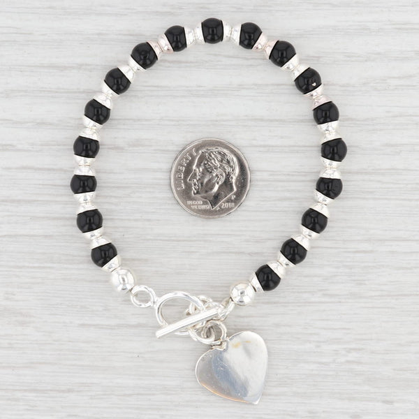 Light Gray New Black Glass Bead Bracelet Engravable Heart Charm 7.25" Sterling Silver