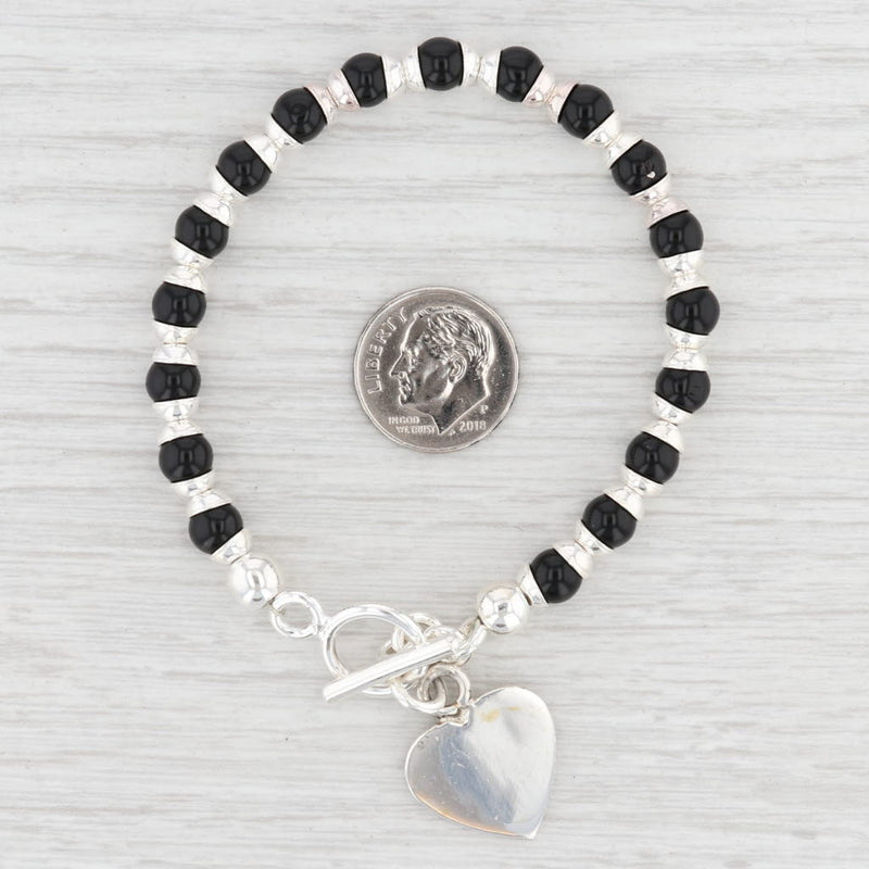 New Black Glass Bead Bracelet Engravable Heart Charm 7.25" Sterling Silver